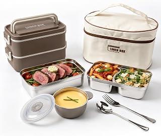 Kabbas 18/8 Stainless Steel Bento Box for Kids & Women – 66 Oz Leakproof Lunch Containers for Adults, 2Layers Stackable Metal Lunch Box with Cutlery & Insulated
