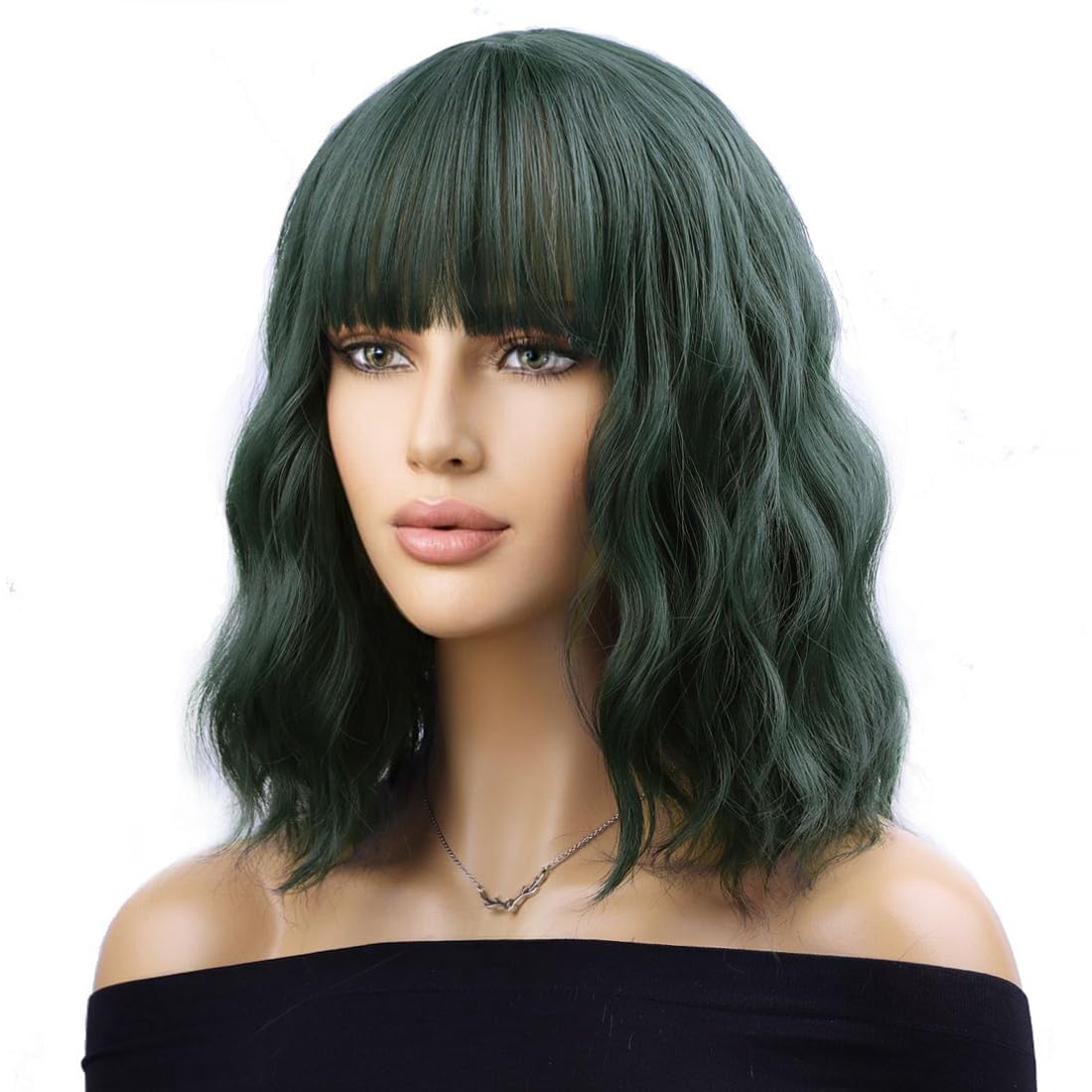 BERON Dark Green Wig for Women Short Curly Wig Green Wig with Bangs Loose Wavy Wig for Daily or Party