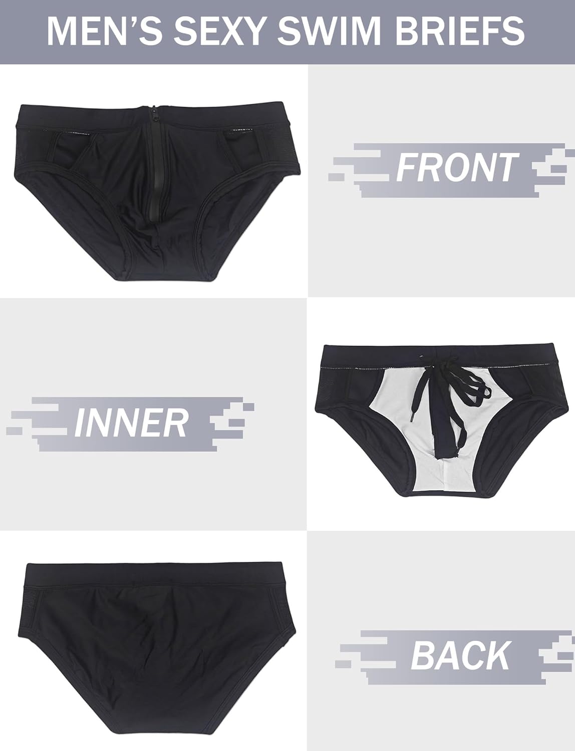FEOYA Swim Briefs for Men Hollow Out Zip Front Swimsuit Low Rise Drawstring Bikini Swimwear Quick Dry Surfing Bathing Suits