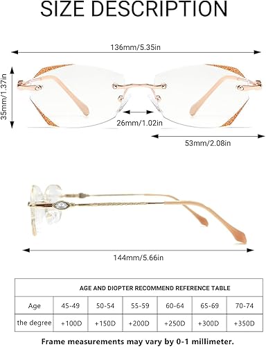 Miniatura 5 de TERAISE Lentes de lectura sin marco para mujer con bloqueo de luz azul, anteojos sin borde de corte de diamante a la moda