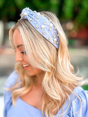 Pearl Knotted Headband For Women White Pearl Rhinestone Crystal Jeweled Embellished Hairband Fashion Elegant Ladies Wide Top Knot Bride Headband Boho Wide Head Band Headpieces Bachelorette Party Hair Accessories (Light Blue Knot Hairband) #TOP3
