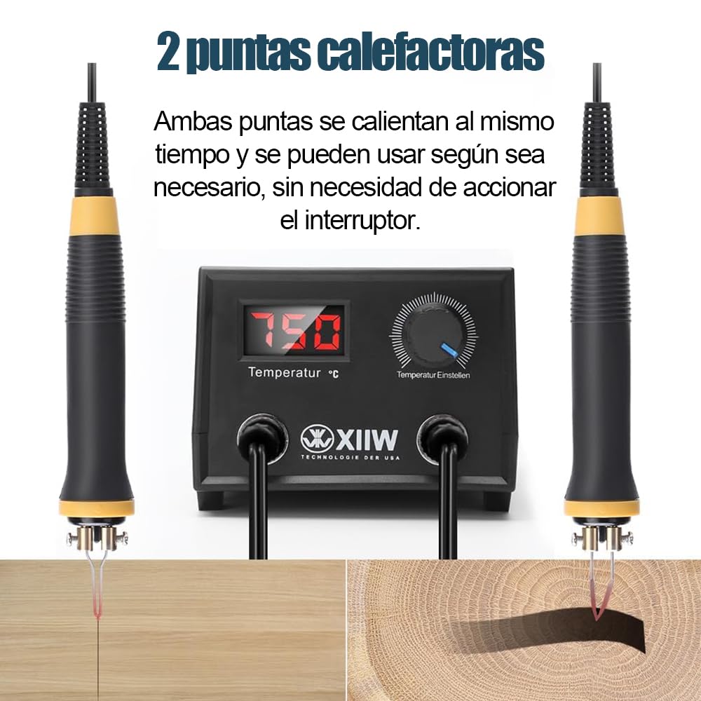XIIW Kit de Pirograbador de Madera Con Doble Bolígrafo 100W, 23 Puntas, 0-750°C Temperatura Ajustable, Herramienta Profesional Para Grabar en Madera, Cuero y Corcho, DIY y Artesanía