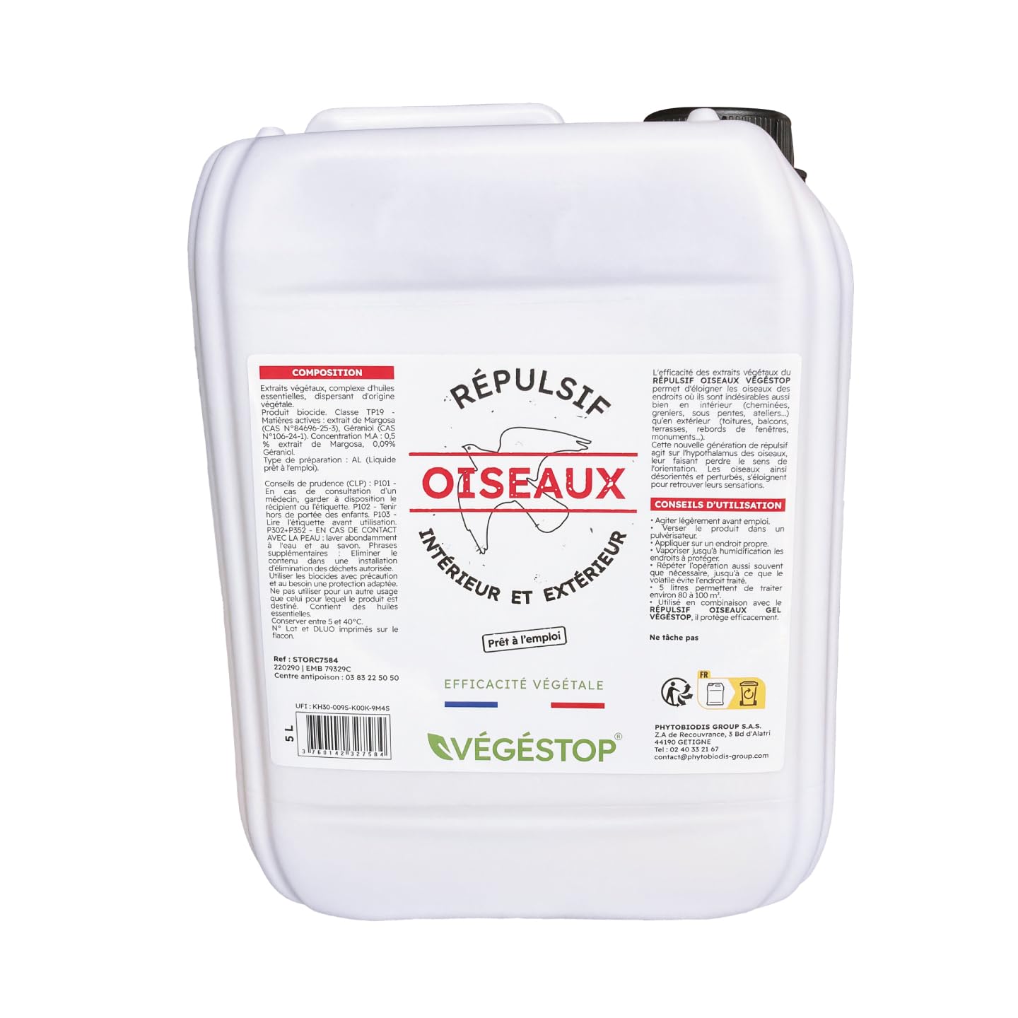 Repelente para Aves - Líquido - 5 L - Disuasorio para Exterior - Palomas, tórtolas, Cuervos, gaviotas... - Anti-excrementos, Anti-daños - con aceites Esenciales
