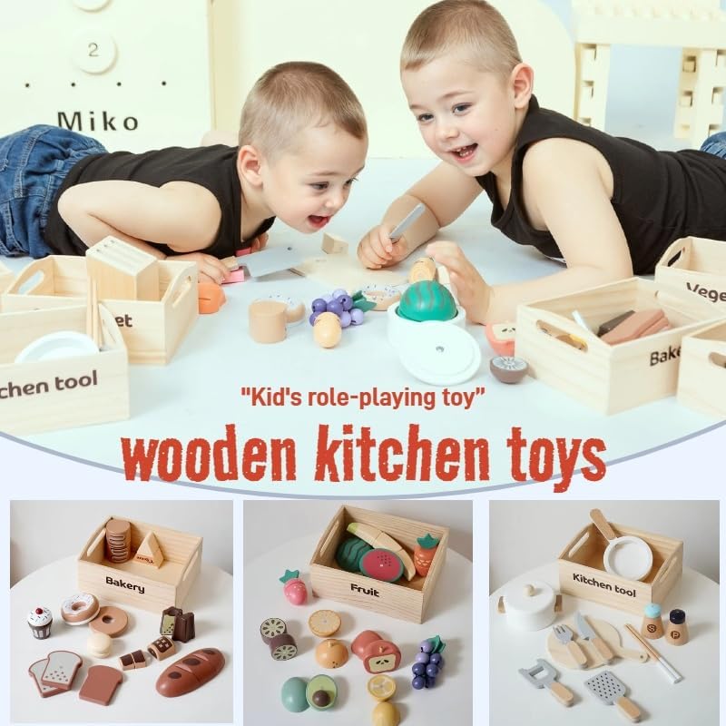Miniatura 8 de Juguetes de cocina, juguetes de madera y 6 cajas, comida falsa, herramienta de cocina, 100% madera, juegos de alimentos, cocina para niños, frutas,