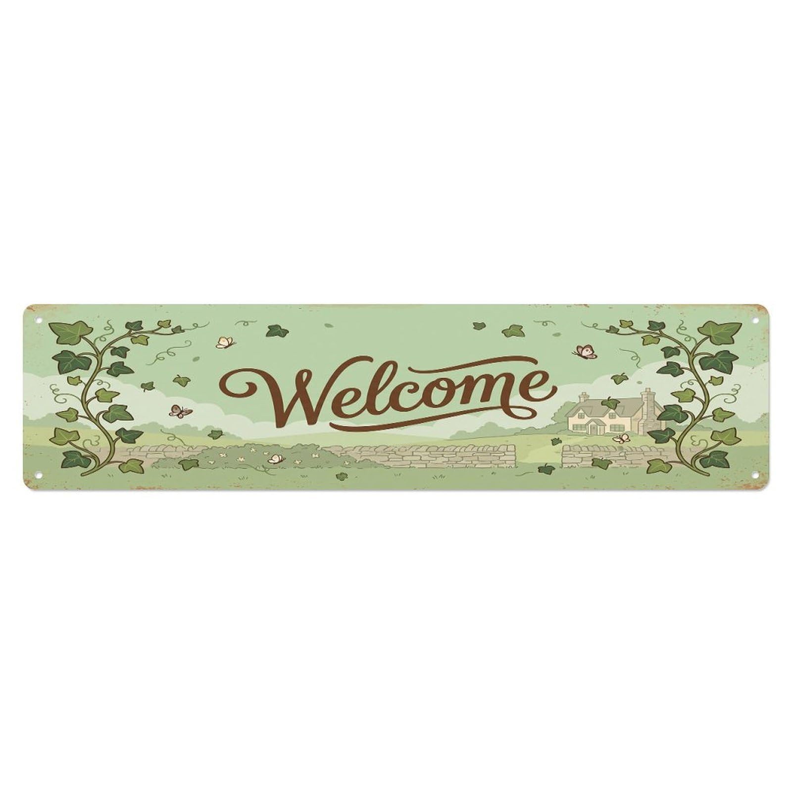 Cxhjca 4X16inch(10X40cm) Vintage Welcome Ivy Vine Metal Tin Sign
