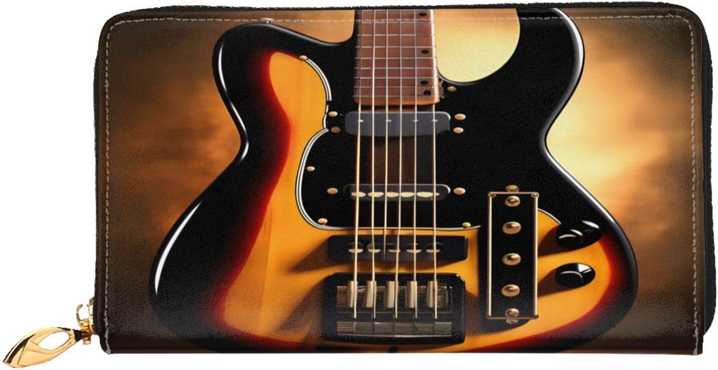 Instrumental Guitar Long Zip Around Wallet for Women, Large Capacity RFID Leather Wristlet Wallet with 12 Card Slots Coin Purse, Fashion Clutch Purse with Wrist Strap