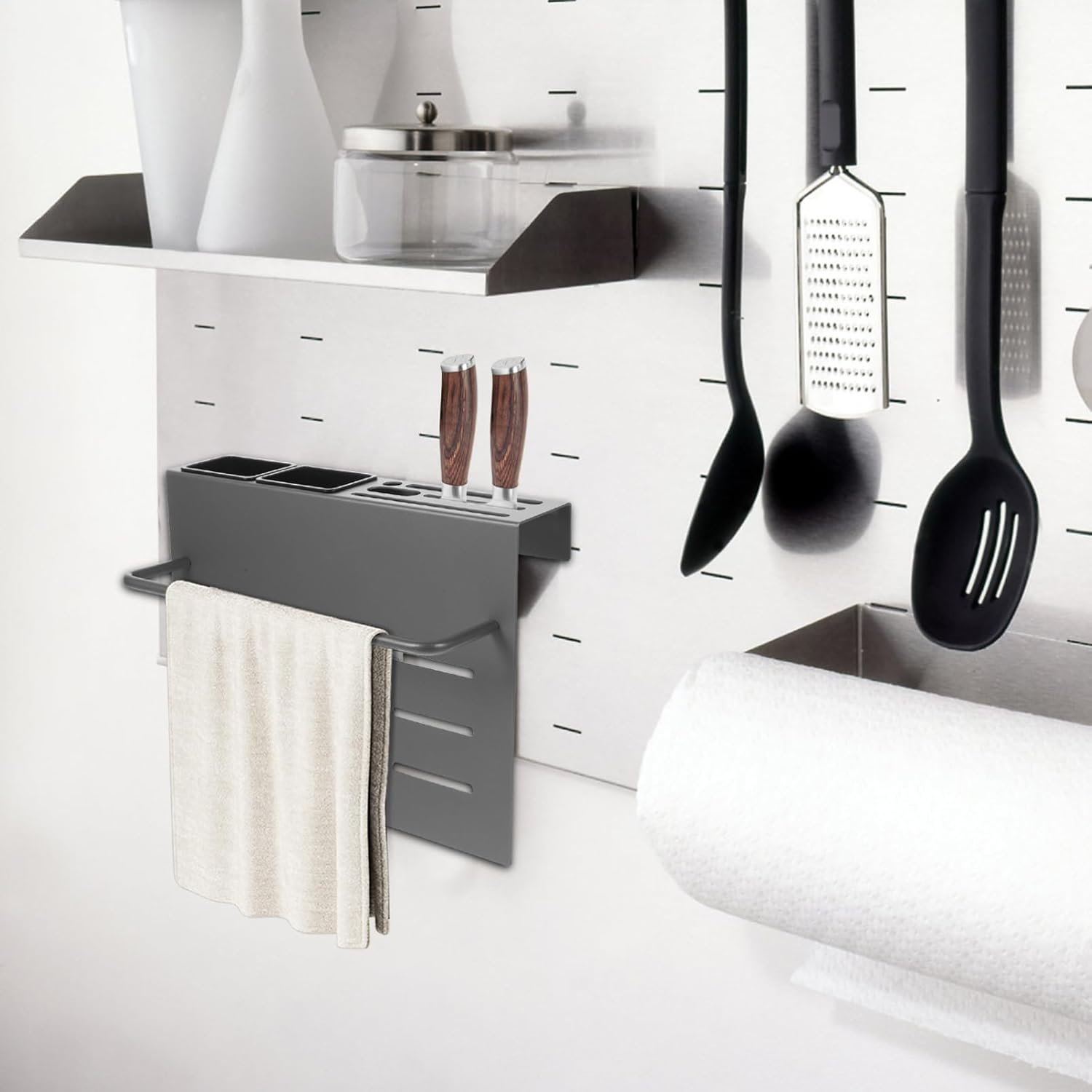 OUNONA Wall Mount Multi Function Chopstick Holder Cutting Board Organizer Space Saving Kitchen Decor with Draining for Utensils Stylish Design for Clean and Elegant Kitchen Spaces