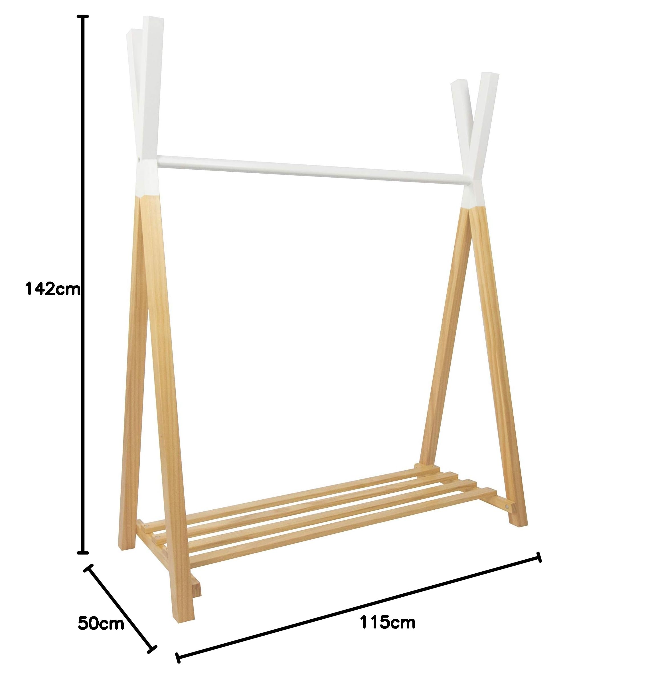 Puckdaddy - Perchero Infantil Hugo 115 x 50 x 142 cm de Pie - Madera Maciza de Pino, Diseño Tipi Blanco Natural - Colgador de Ropa con Zapatero para la Habitación Infantil y del Bebé