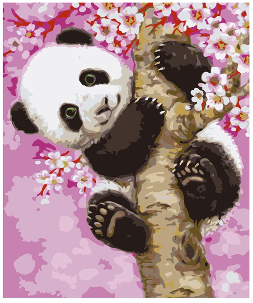 ABEUTY DIY Paint by Numbers for Adults Beginner - Panda on The Tree & Flower 16x20 inches Number Painting (Wooden Framed)