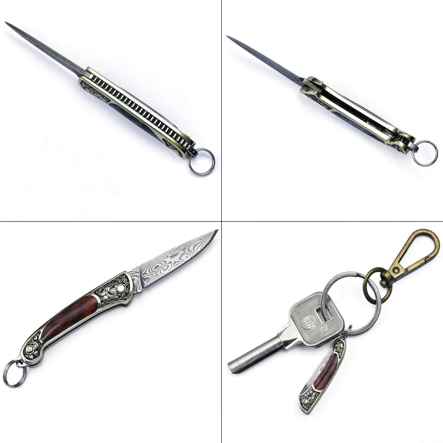 Mini Damascus Pocket Knife EDC, Compact Folding Knife, Tiny Box Cutter Snakewood Handle