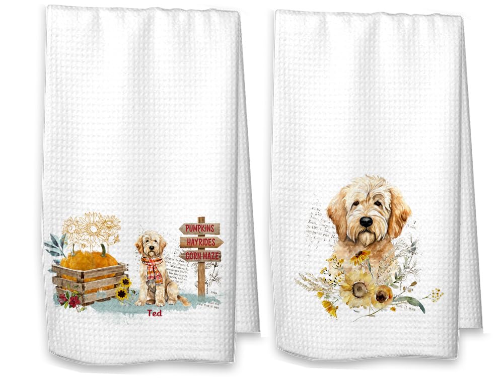 Studio 9Thirty3 Goldendoodle Fall Kitchen Towel Set, Personalized Fall Goldendoodle Pet Decor (White Towel, Both Towels)