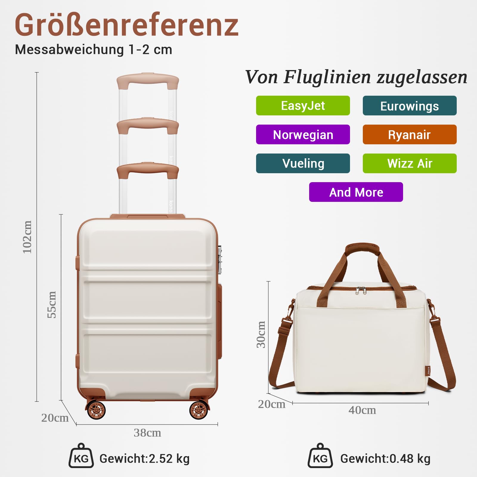 KONO 55cm Handgepäck-Koffer Trolley Set 2-teilig Gepäcksets, Kleiner Koffer mit Rollen, Ryanair Reisetasche 40x30x20cm, Cremeweiß