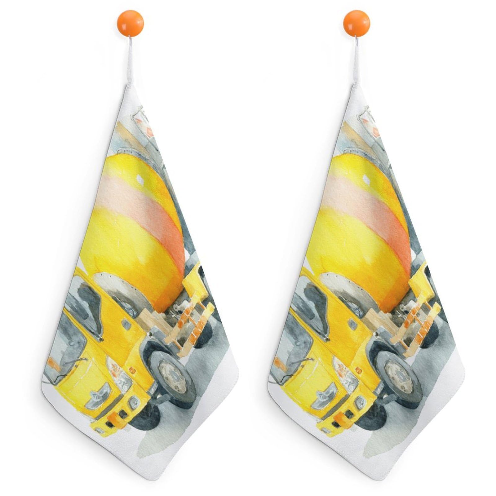 Kitchen Towels with Hanging Loop Concrete Mixer Truck Yellow Microfiber Absorbent Fast Drying Fingertip Towels Hand Towel Dish Towels for Bathroom Laundry Farmhouse 2PCS
