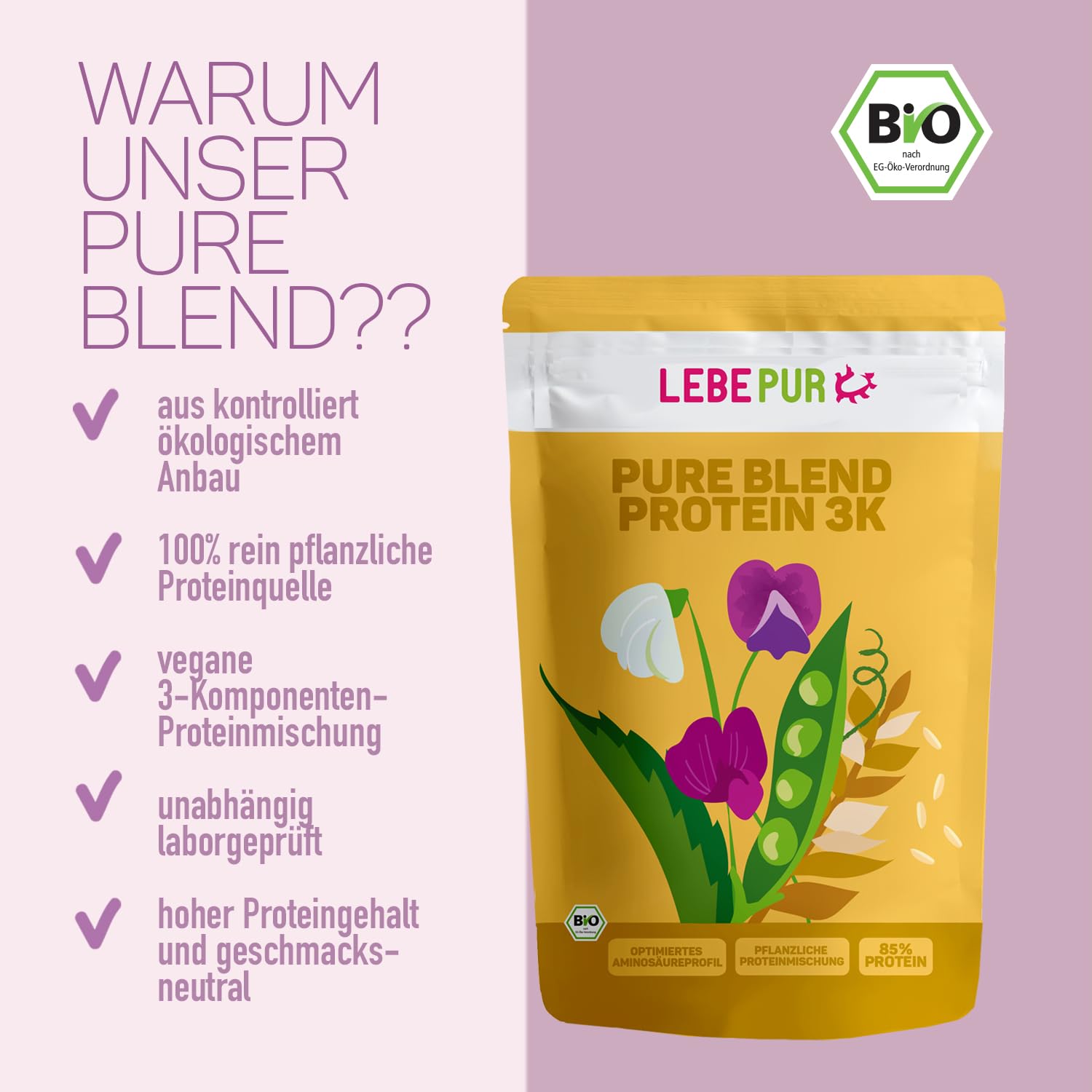 Lebepur BIO 3K Protein Pulver vegan 1kg - NEUTRAL - SOJAFREI - 80% Eiweiß aus Erbsenprotein, Reisprotein und Hanfprotein - ohne Zusatzstoffe, ohne Süßungsmittel - laborgeprüft, glutenfrei