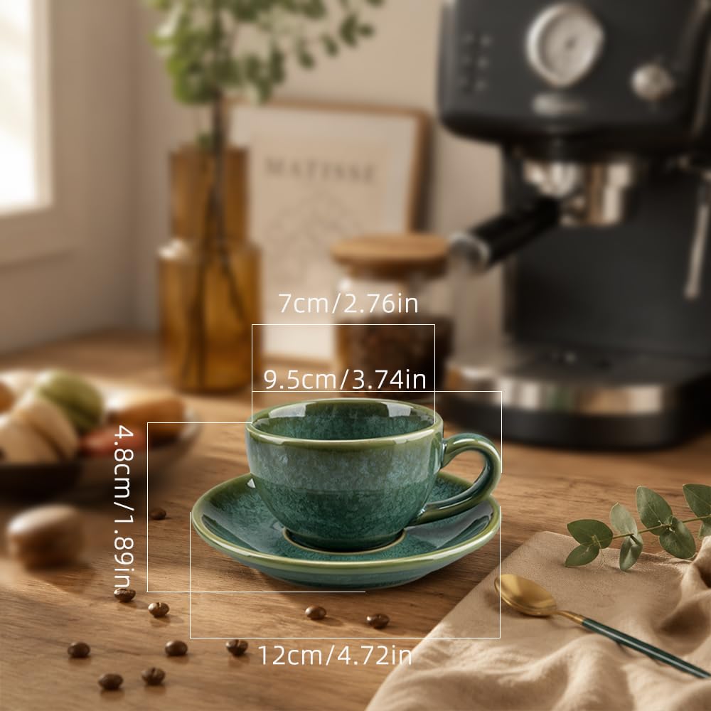 4 Espressotassen Set Keramik Hochwertig Espresso Tassen Set mit Untertassen 90 ml Kaffeetassen Set 4er Esspresotasen Spülmaschinenfest Mikrowellenfest(Jadegrün)