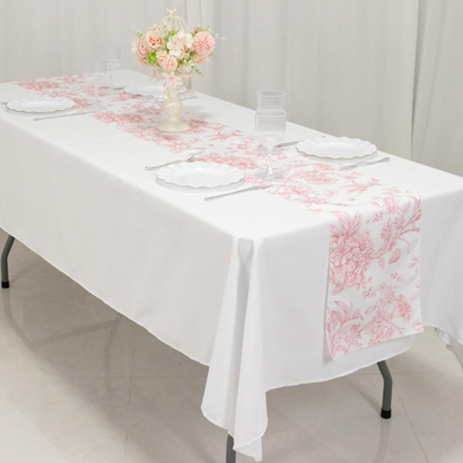 Efavormart Polyester Table Runner 12"x108" White with Pink French Toile Floral Print - Exquisite Reusable Table Décor