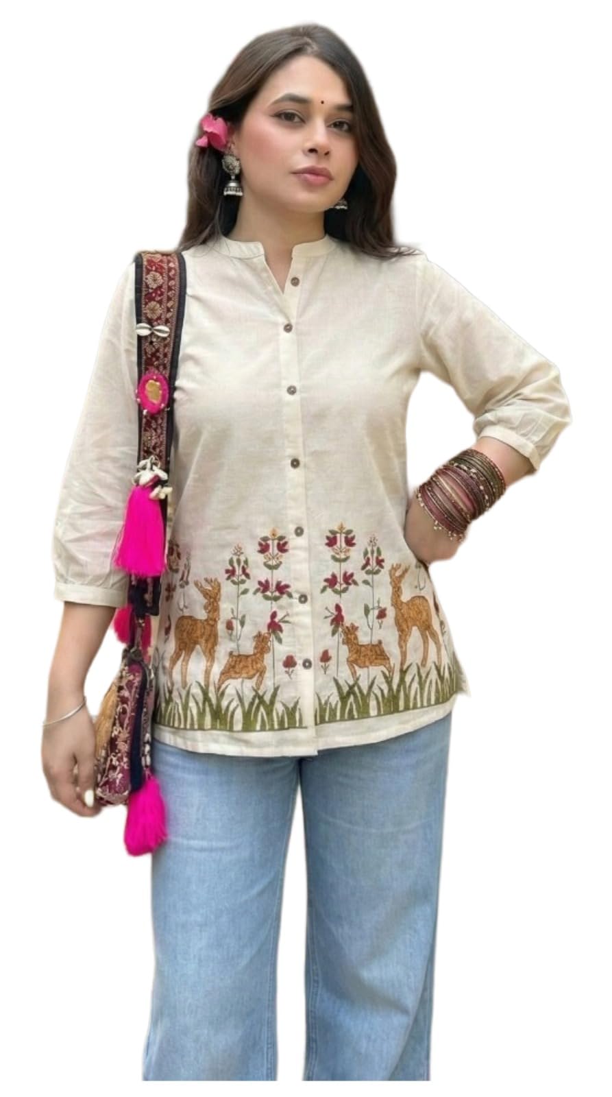 GoSriKi Women Cotton Printed Top | Ethnic Design Casual Wear Kurti Style | 3/4 Sleeve Band Collar Shirt | Stylish Daily Use Outfit | Comfortable Ladies Fashion Clothing in multi