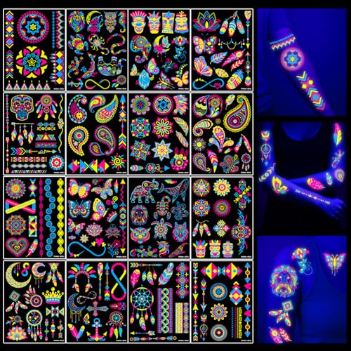 180 PCS Glow in the Dark UV Blacklight Temporary Tattoos for Adults & Teens