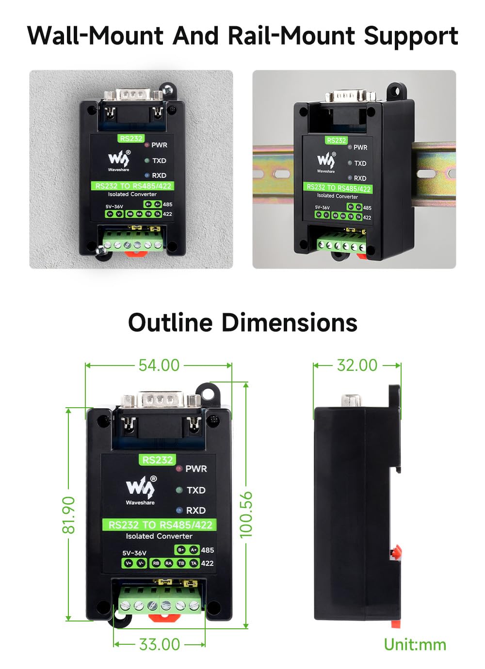 Waveshare RS232 To RS485/422 Active Digital Isolated Converter Onboard Original SP3232EEN&SP485EEN Chip RS232 DB9 Male Port for Industrial Control Equipment&High Communication Requirement Application