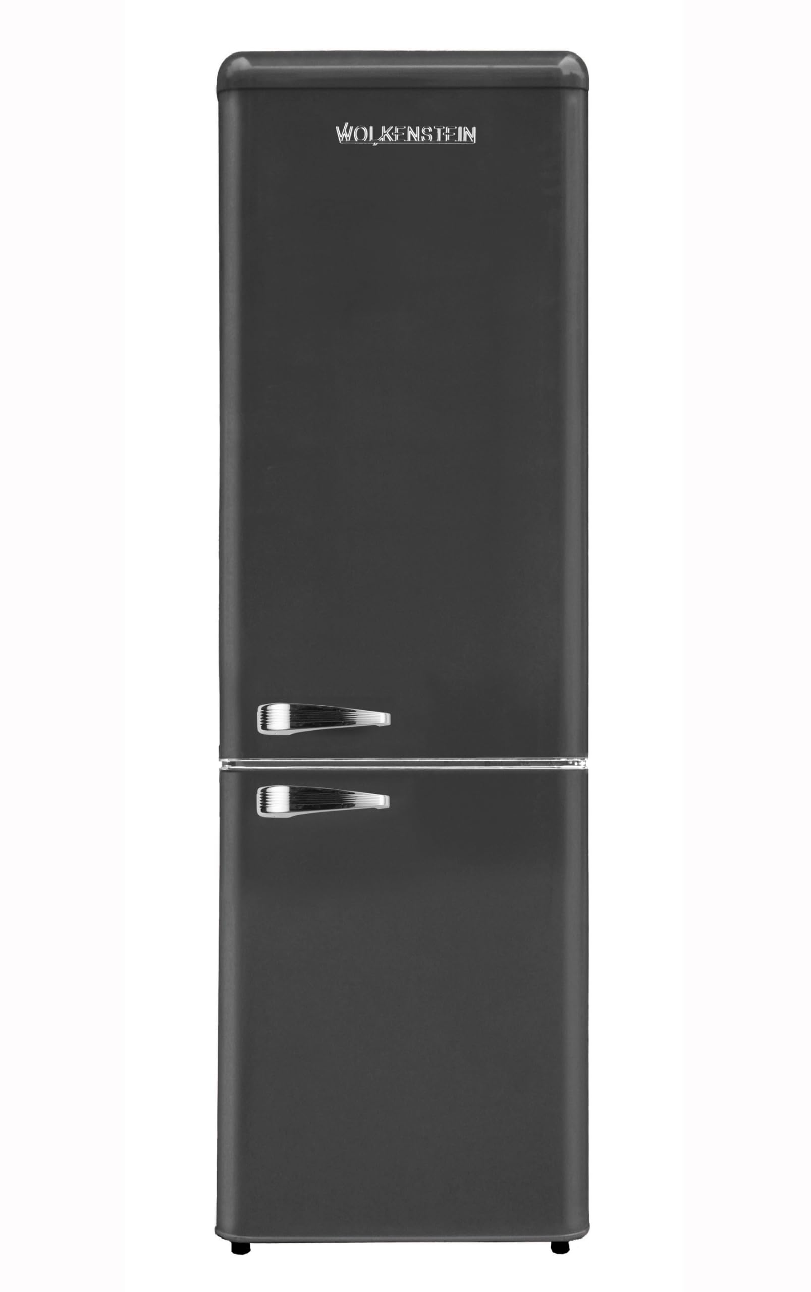 WOLKENSTEIN Kühl-Gefrier-Kombination KG250.4RT B Schwarz | 249 Liter Nutzinhalt | 4 Sterne 69 Liter Gefrierfach | Nur 41 dB | LED-Beleuchtung | Externer Chromgriff | Silber Applikationen | Freistehend