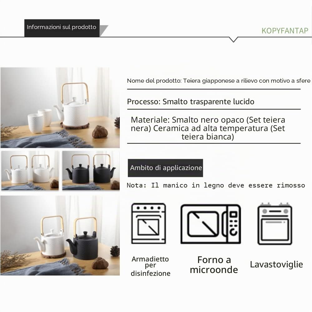 Servizio da Tè in Ceramica Giapponese, Nero | Set da tè cina, teiera set, 1 teiera 900ml e 4 tazze con con infusore, manico in legno, per gli amanti del tè