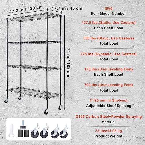 Image of VEVOR Storage Shelving Unit, 4-Tier Adjustable Storage Shelves, 48 inch L x 18 inch W x 74 inch H Garage Storage Shelves, Metal Shelves with Wheels for Kitchen Pantry Basement Bathroom Laundry