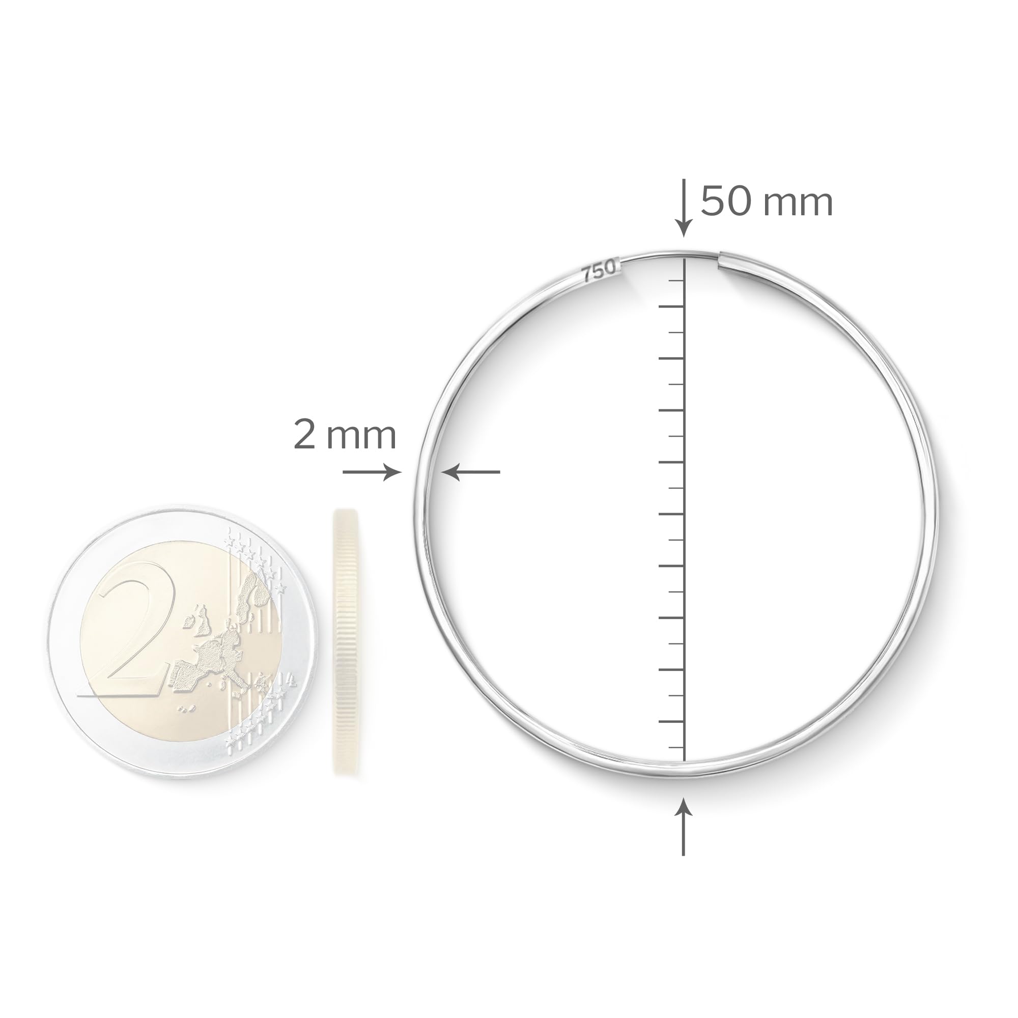 EDELIND Creolen Gold Groß 50 mm 375 585 750 Weißgold Breite 2 mm Hoop Ohrringe Damen Mädchen 9 14 18K Echt Gold Damenohrringe mit Schmuck Geschenk Box