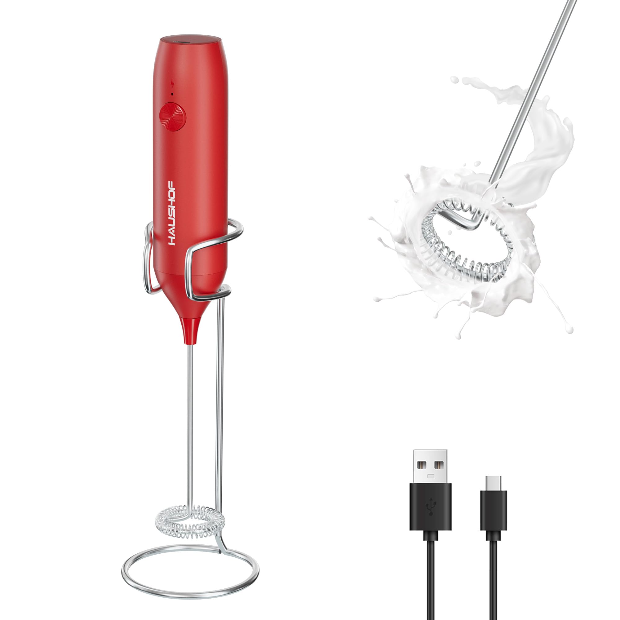 HAUSHOF Milchaufschäumer Stab, Wiederaufladbarer Hand-Milchschäumer, mit Schneebesen aus Edelstahl, mit Ständer, mit USB-Ladekabel, Einfache Handhabung für Kaffee, Cappuccino, Latte, Rot