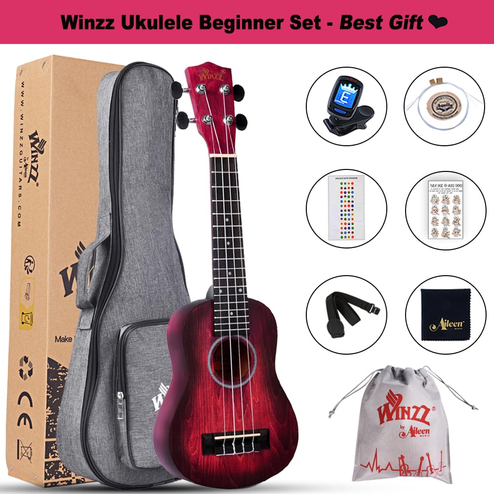 Winzz Ukulele Soprano 21 Pollici - Kit per Bambini, Adulti e Principianti - Rosso Unico Con 8 Accessori: Accordatore, Custodia, Tracolla, Corde