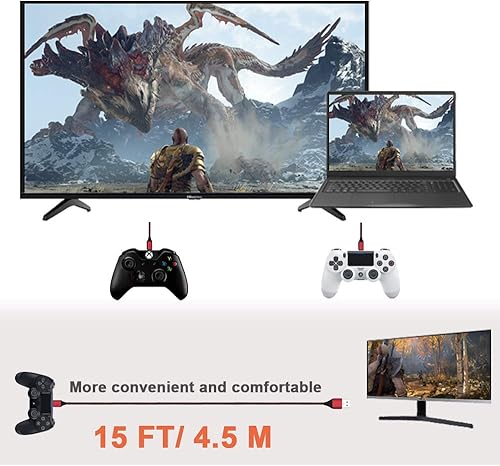 Miniatura 3 de TPLTECH Cable de carga para controlador de PS4, 2 unidades-15 pies Cable de carga rápido trenzado de nailon micro USB 2.0, cable de carga y