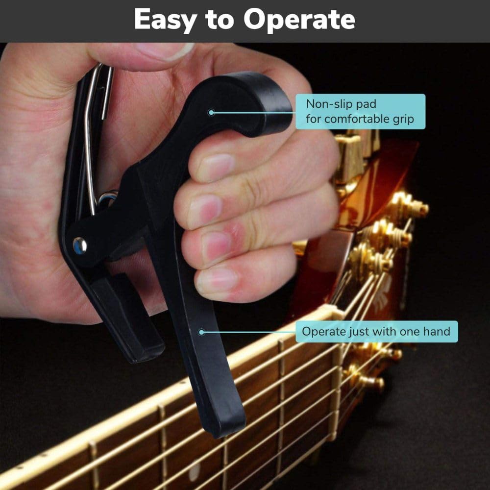 Techblaze One Handed Trigger Guitar Metal Capo Quick Change for Ukulele, Electric and Acoustic Guitars, Black with 5 Colorful Picks 2