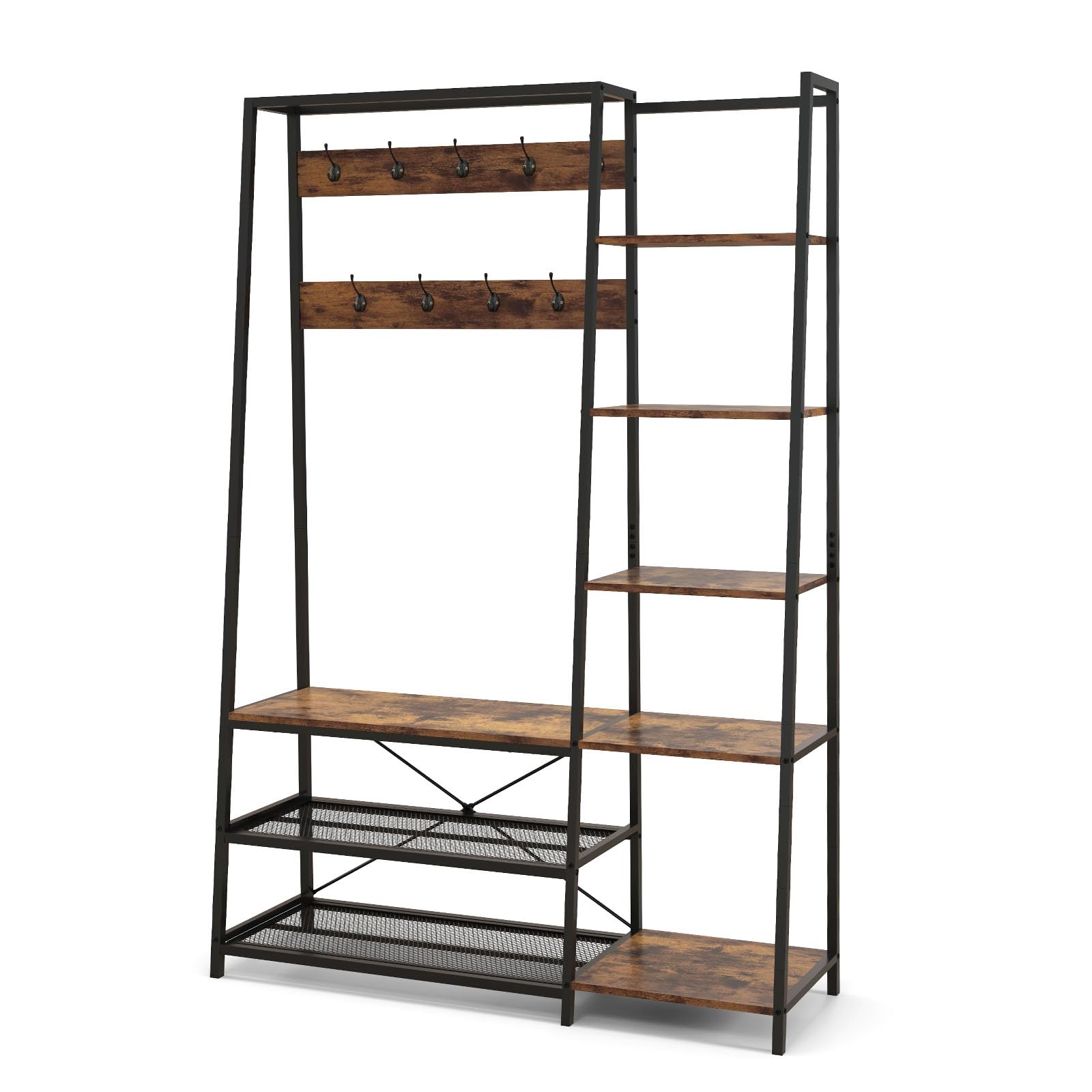 HOMASIS Guardaroba Camera da Letto in Legno, Appendiabiti da Terra con 5 Scaffali, 2 File di Ganci, Panca da Scarpe, 2 Mensole a Rete, Stand Appendiabiti Industriale, 118 x 40 x 180 cm, Marrone