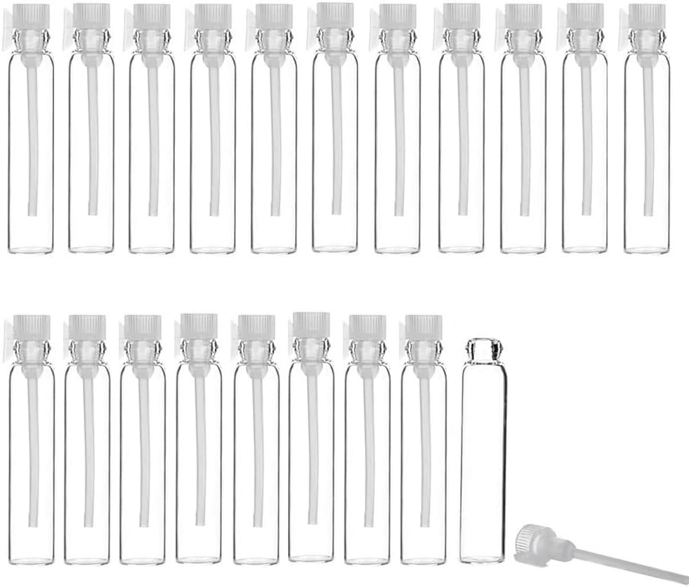 SKYPRO 20Pcs 1ml Empty Perfume Sample Bottles Essential Oil Test Tube Bottle Mini Glass Refillable Sample Vial Containers for Aromatherapy, Fragrance and Liquid - White cap