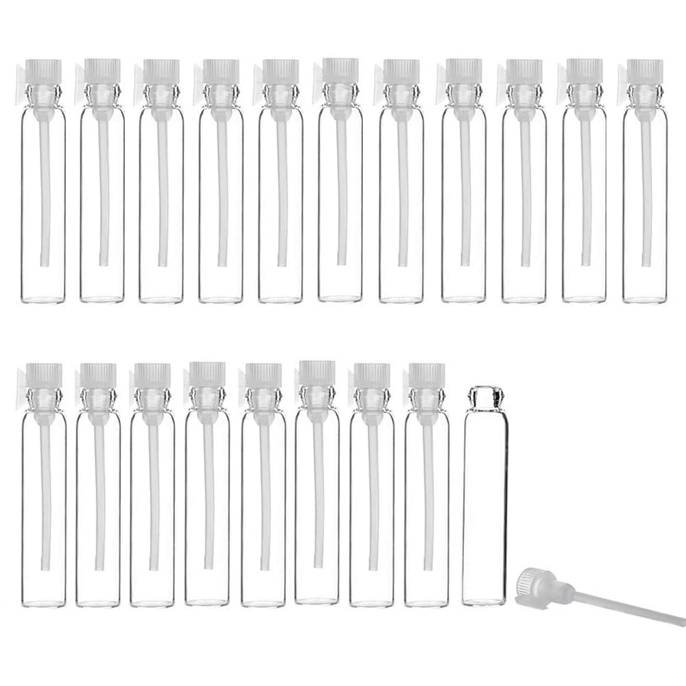 SKYPRO 20Pcs 1ml Empty Perfume Sample Bottles Essential Oil Test Tube Bottle Mini Glass Refillable Sample Vial Containers for Aromatherapy, Fragrance and Liquid - White cap