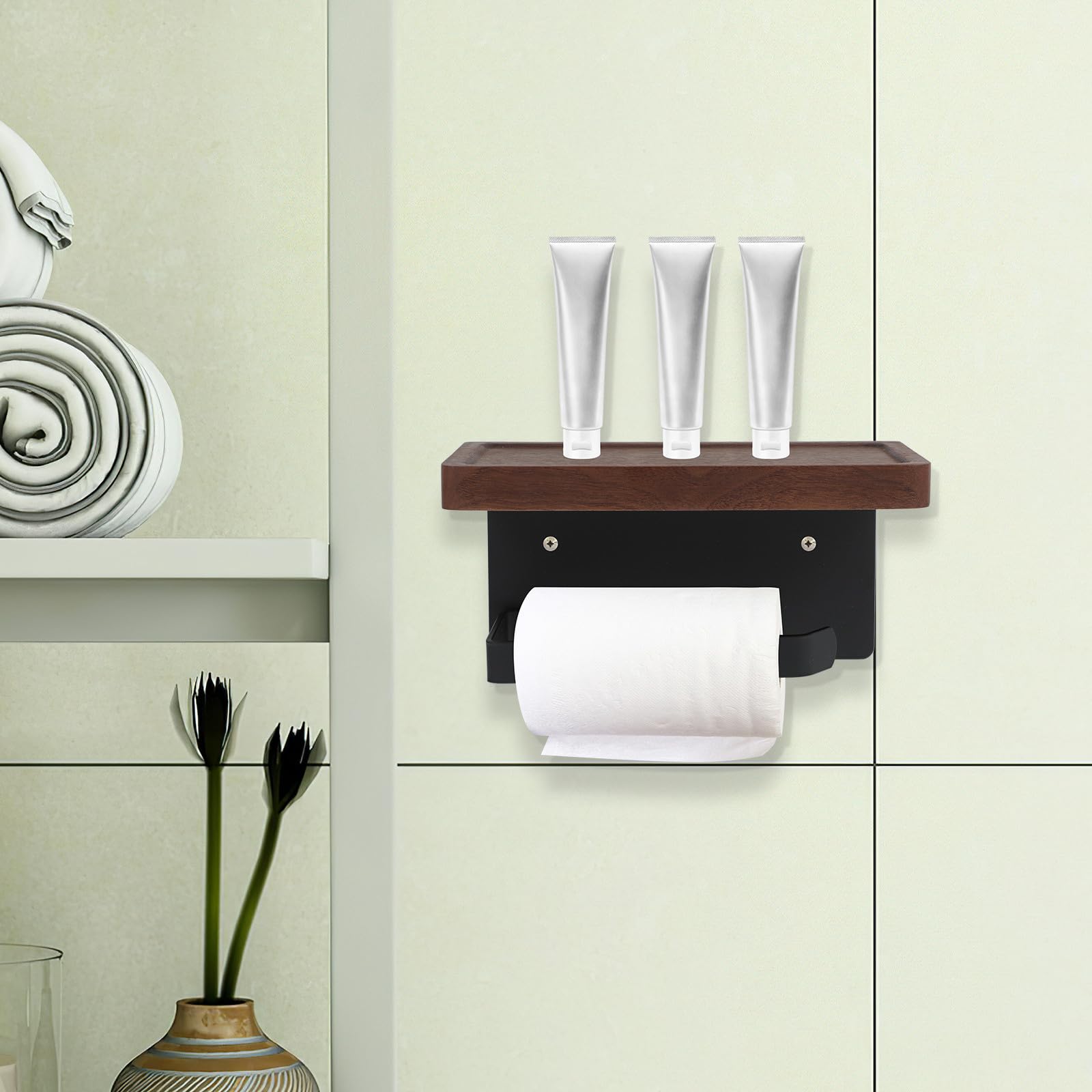 Portarrollos de papel higiénico multifunción de madera de nogal negro con estante integrado, soporte resistente para accesorios de baño y rollos de papel higiénico, diseño de madera