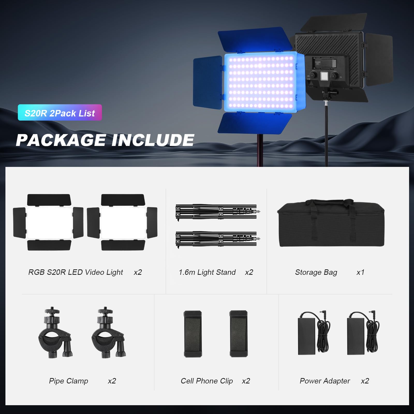Soonpho 2-Pack RGB LED Video Luce Panel Set con Barn Door 2500-8500K Dimmerabile 20W Light Fotografia Studio Illuminazione con 1,6 m Treppiede Stand e Mobile Phone Holder per Video YouTube Live