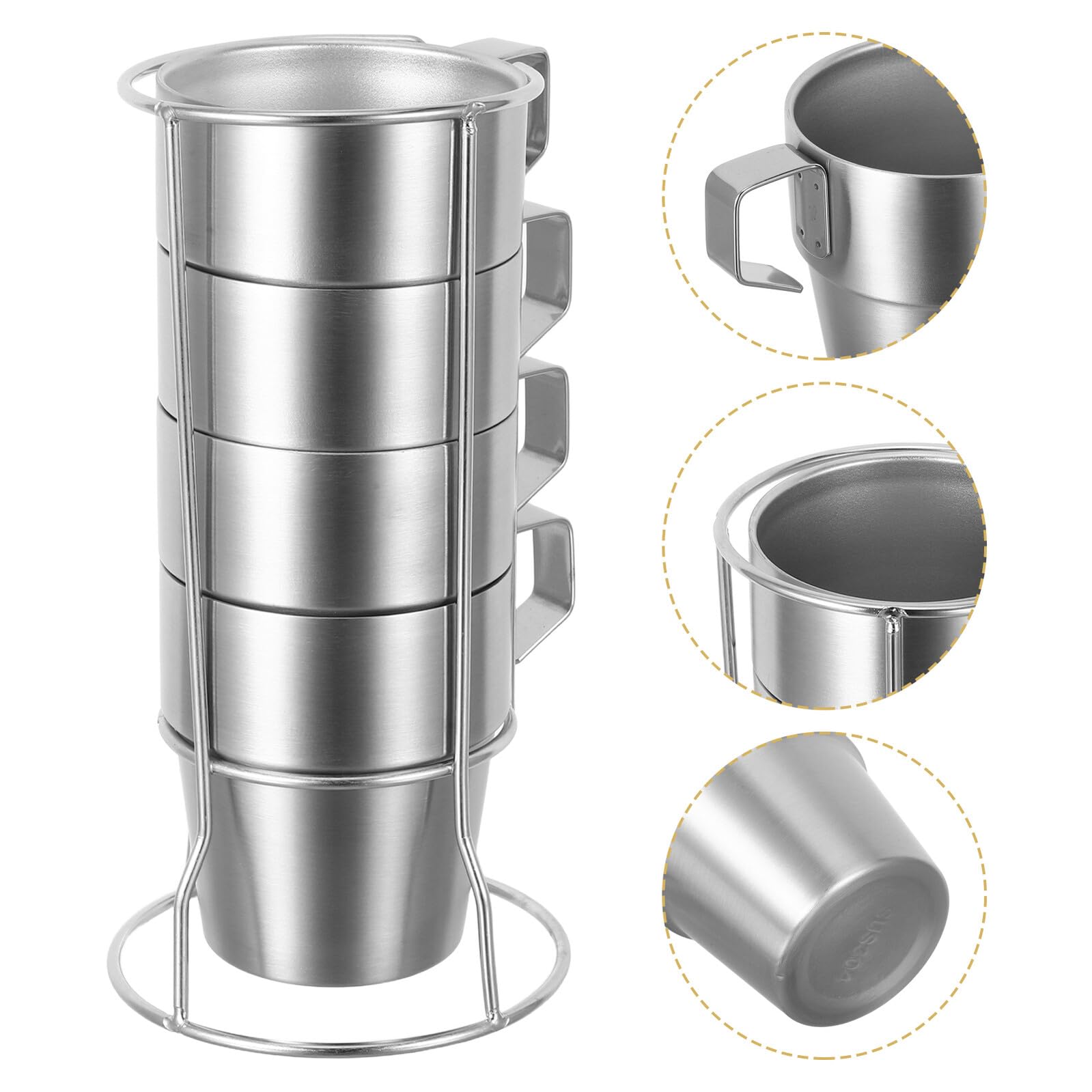 Healeved Tazas de Acero Inoxidable para Set de 4 Unidades de 300 Ml con Doble Pared Aislante y Asas Cómodas Incluye Soporte Apilable para Bebidas Frías y Calientes Adecuado para