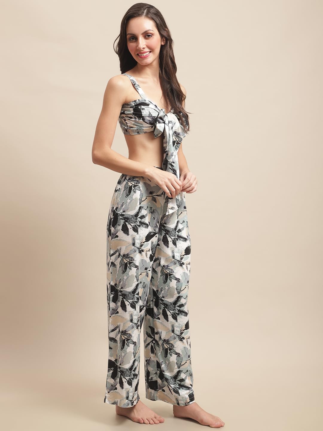 Claura Tropical Printed Top & Trouser Swimwear Set. (Small, Black) 4