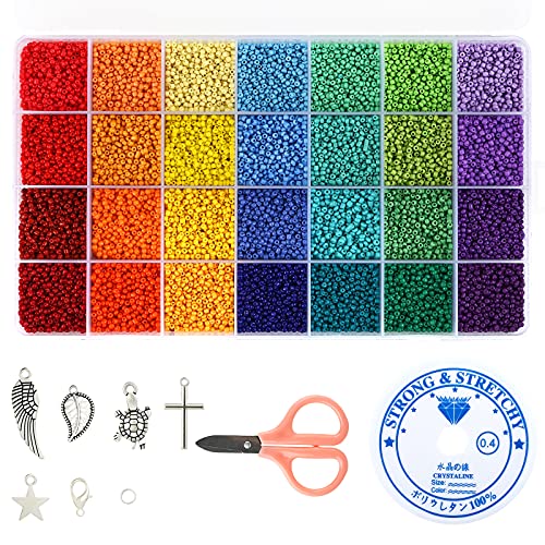 Naler 28000PCS Multicolor 2MM Pony Beads Assorted Color Glass Seed Beads with Lobster Clasps, Pendants and Elastic Crystal String for DIY Bracelets Necklaces Key Chains, Rainbow Color