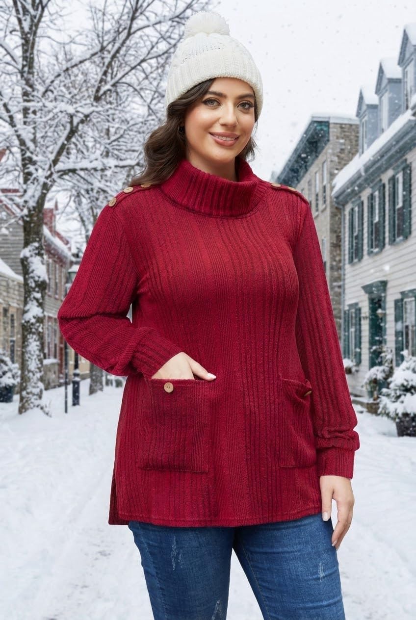 Amrto Plus Size Sweaters for Women 2025 Winter Cowl Neck Tunic Sweaters Buttoned Holiday Vacation Tops with Pockets - Image 2