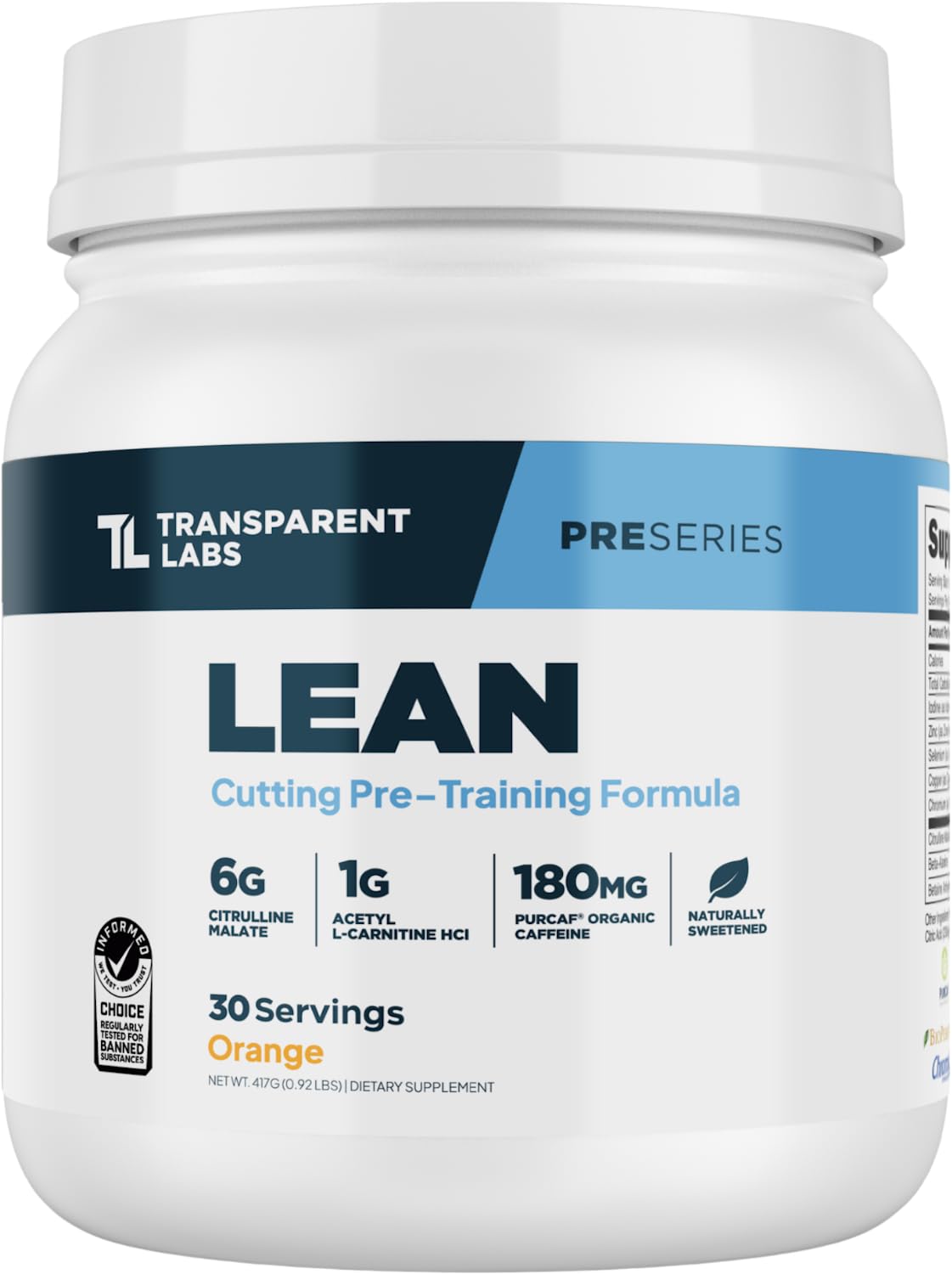 Transparent Labs Lean Pre-Workout - 30 Servings, Orange