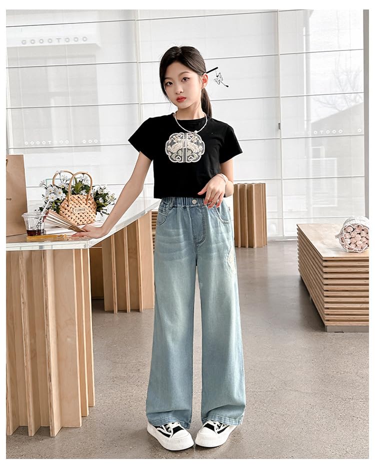 Girls Wide Leg Jeans Kids Baggy Elastic Waist Casual Ice Cool Denim Pants with Pockets4