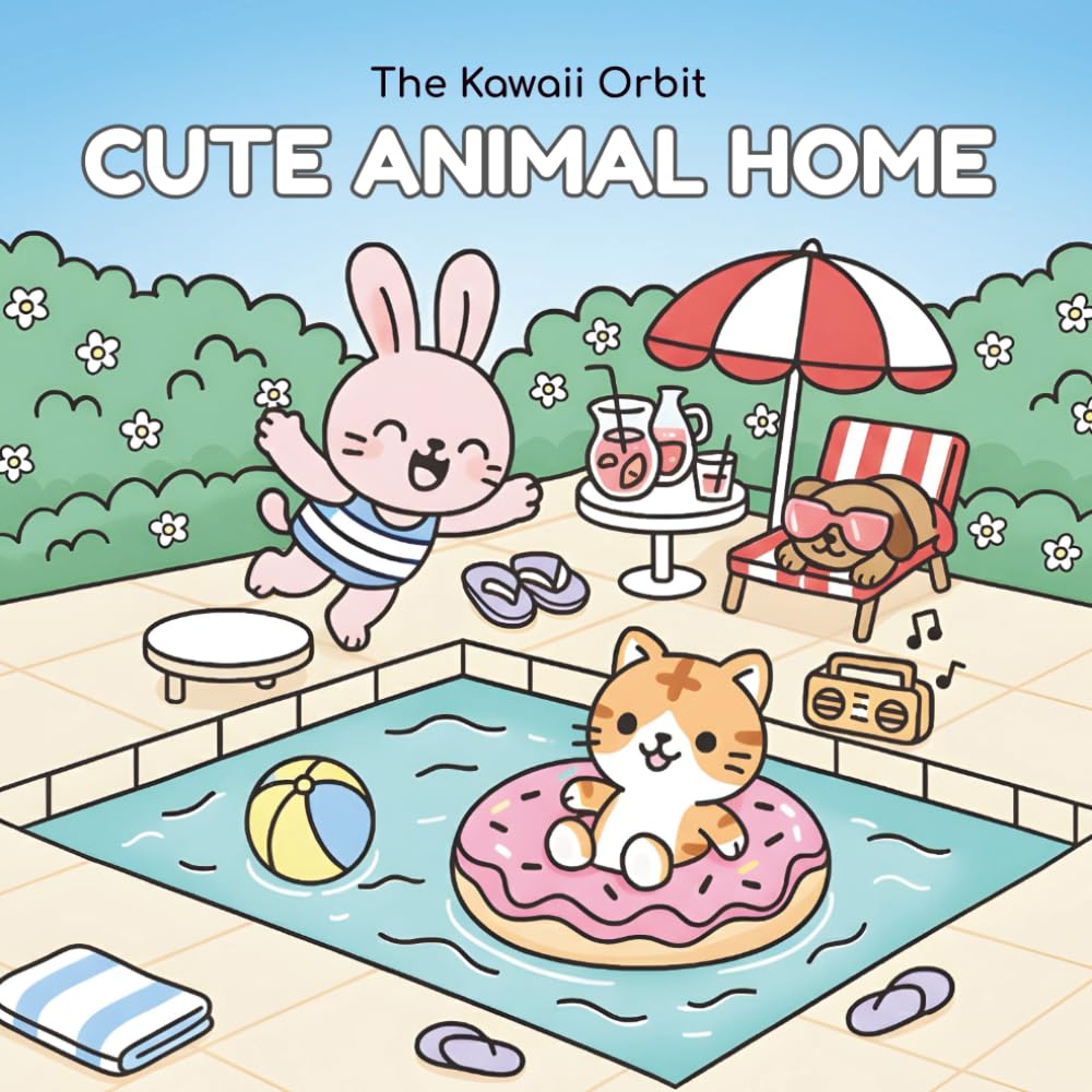 Cute Animal Home: Kawaii Coloring Book for Adults and Kids: Cute Pets in Cozy Home Scenes for Cottagecore & Stress Relief