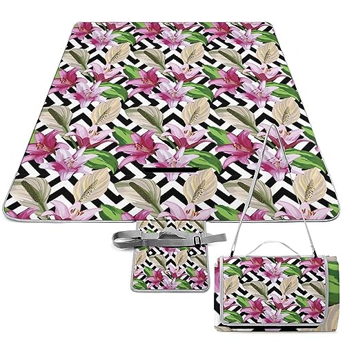 Flower-Texture Picnic Blanket Waterproof Foldable, Large Outdoor Picnic Blanket Beach Blankets Camping Blanket Travel Mat, Shoulder Strap Tote, Rectangle 58x58in