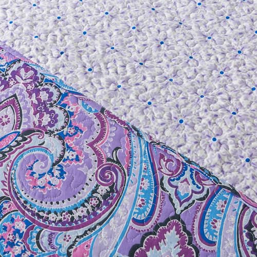 NEWLAKE Cotton Bedspread Quilt Sets-Reversible Patchwork Coverlet Set, European Purple Floral Pattern, King Size