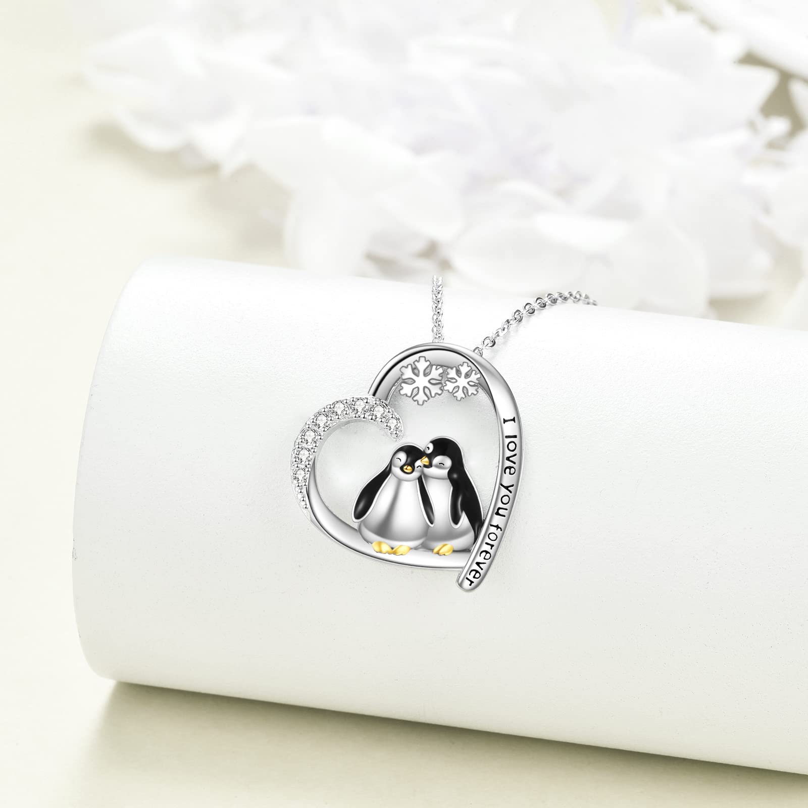 POPLYKE Herz Zwei Pinguin Halskette für Damen 925 Sterling Silber Highland Kuh Schmuck Schwester Freund Mama Tochter Pinguin Geschenke für Damen Geburtstag