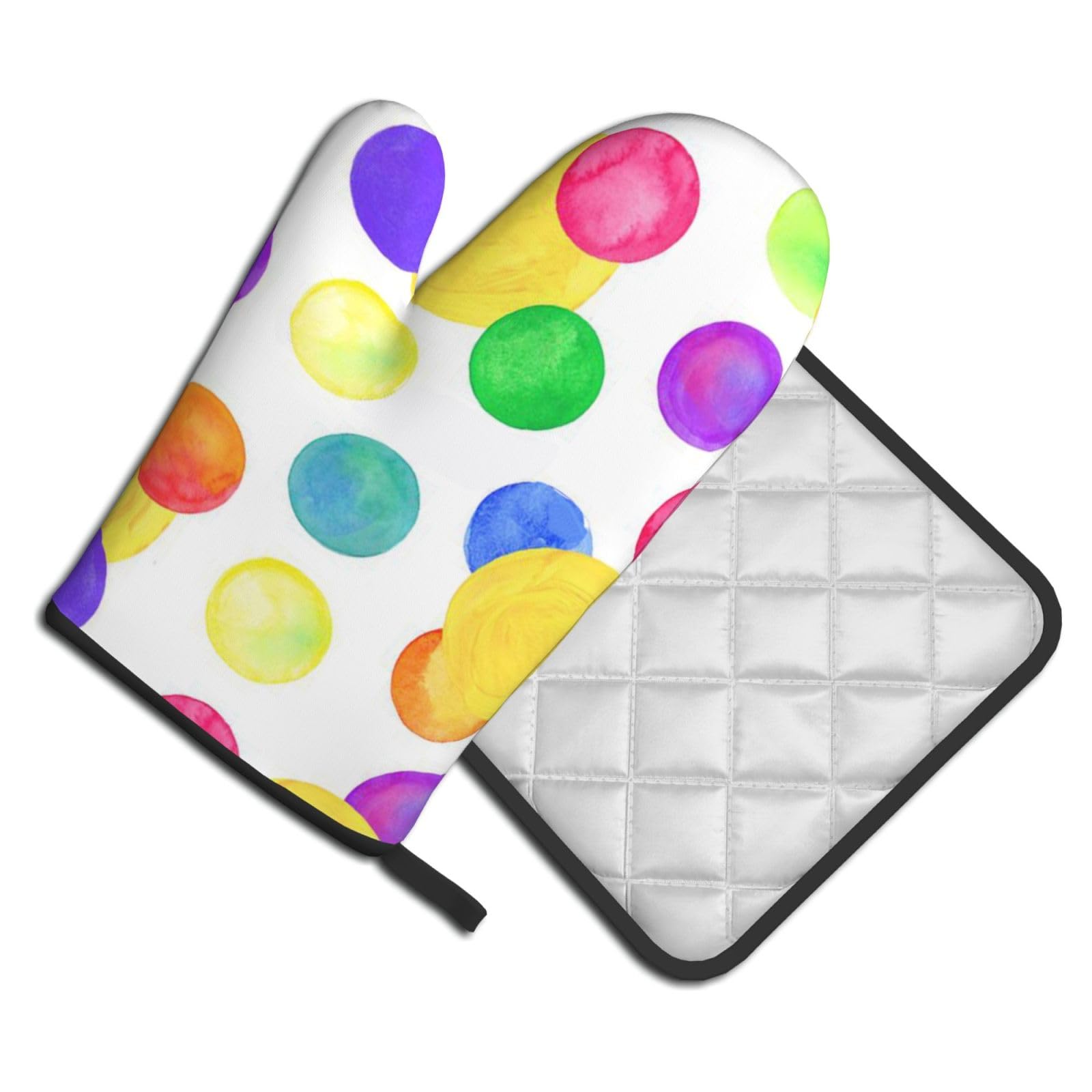 Oven Mitts and Pot Holders Set of 2 Pcs, Watercolor Rainbow Circle Printed Heat Resistant Kitchen Gloves Potholders for Cooking Baking Grilling