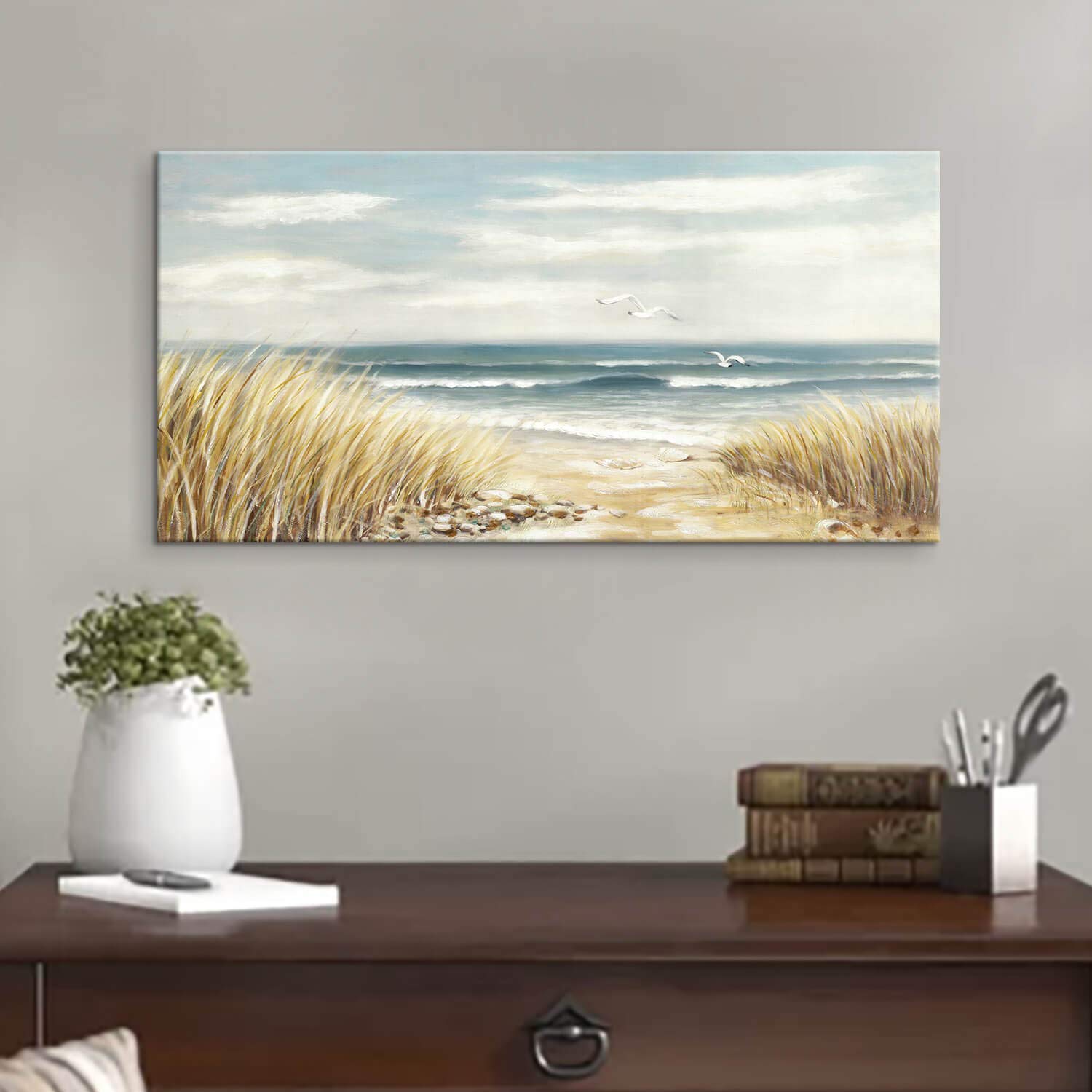Abstract Beach Painting Wall Art: Seashore Artwork Hand Painted Coastal Picture on Canvas for Office (40''W x 20''H,Multi-Sized)