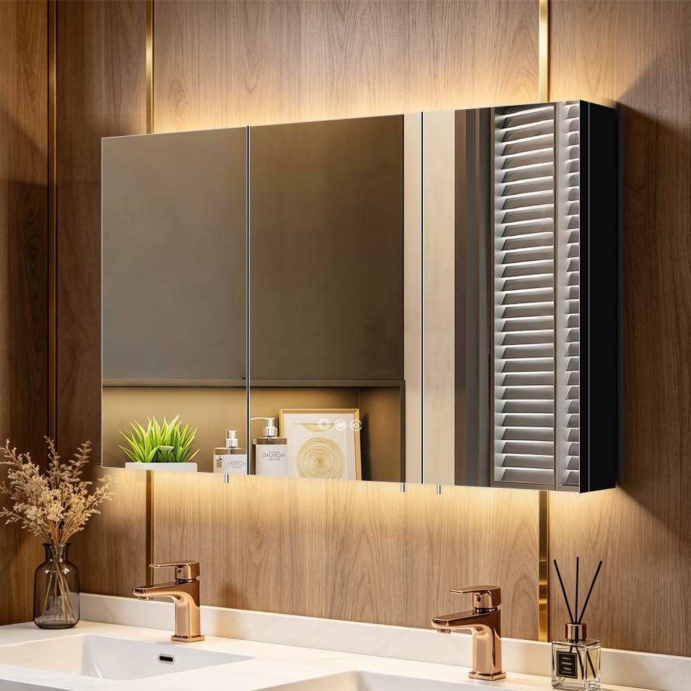 KAASUNES LED Lighted Steel Mirror Cabinet, Defogger, Dimmable 3-Color Top & Bottom Ambient Light, USB Shaver Socket, Tempered Glass Illuminated Shelves, Easy to Install, Wall Mounted,91cmΓ61cm