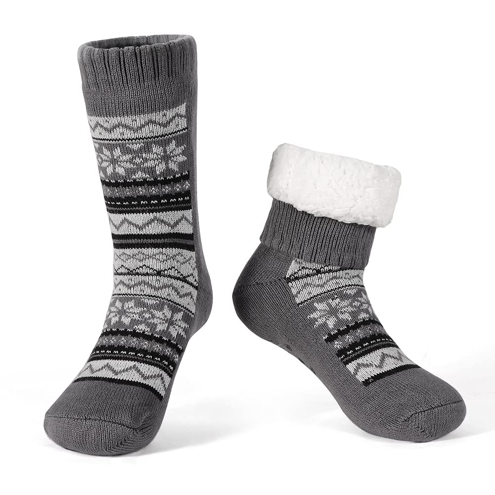 lemzone men's warm cozy slipper socks with grips, non slip winter fuzzy fleece lining cabin socks christmas gifts